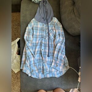 SHEIN Light Blue Plaid Button-Down Shirt with Gray Hood